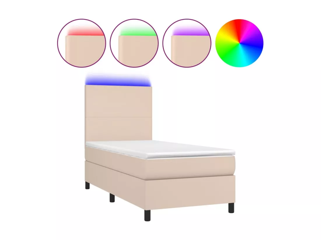 Sommier tapissier matelas et LED Cappuccino 90x190cm Similicuir