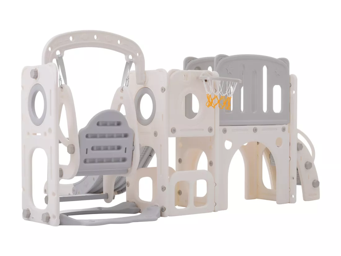 Toboggan 7 en 1 pour enfant, avec balançoire, plate-forme, zone de rangement, arcade, panier de basket, escalier, PEHD, gris+blanc