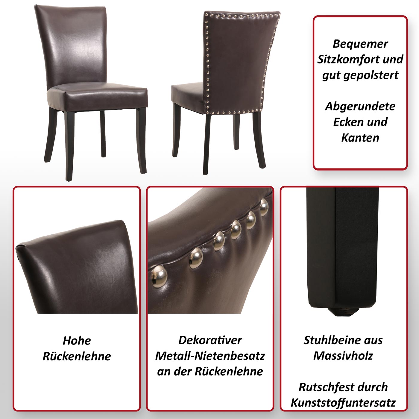 2er-Set Esszimmerstuhl Chesterfield Edinburgh, Stuhl Küchenstuhl, Nieten MVG-zertifiziert ~ Kunstleder, braun, dunkle Beine