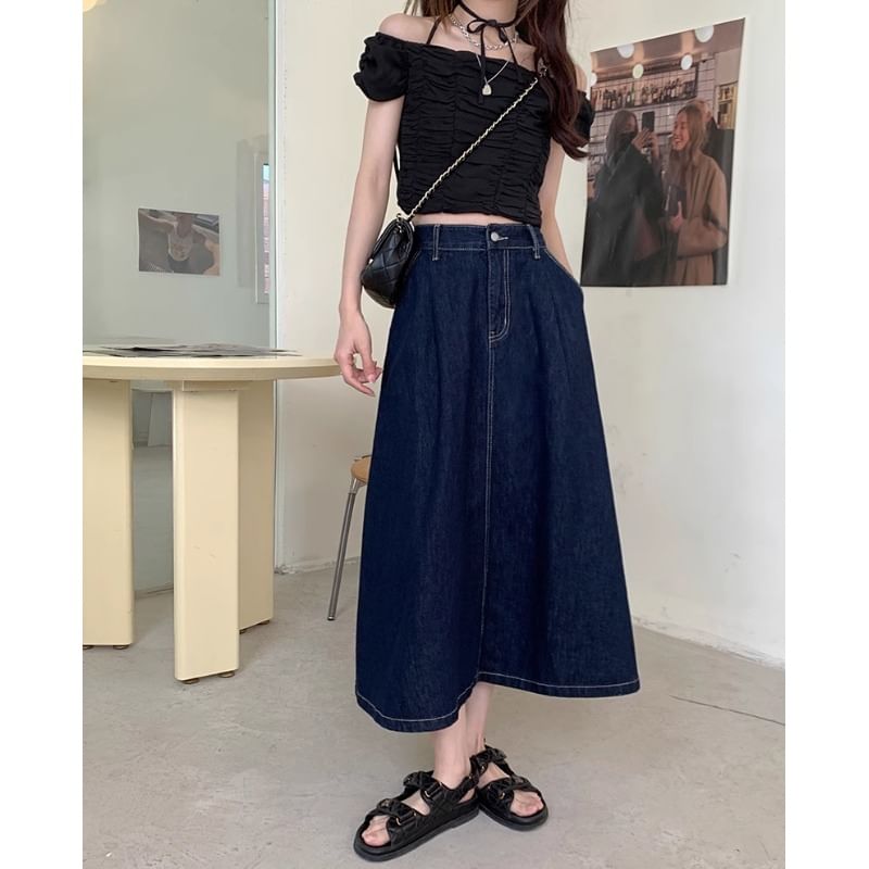 Flowerisque - Midi A-lijn rok met hoge taille en gewassen denim