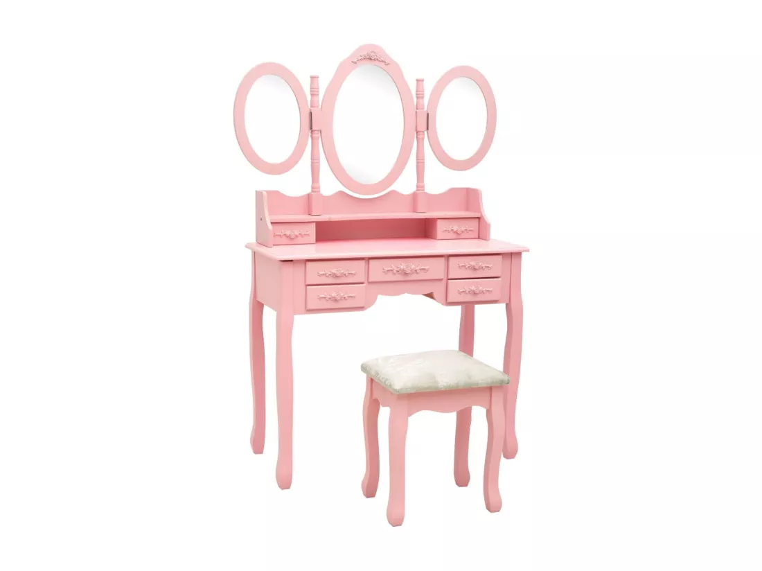 Coiffeuse avec tabouret et miroir pliable en 3 Rose