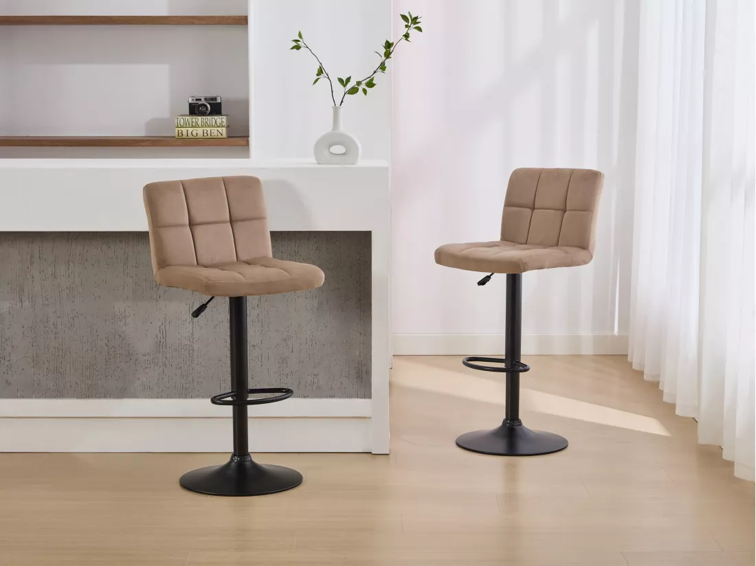 Lot de 2 tabourets de bar en velours et métal - Hauteur réglable - Beige - JUSTANA