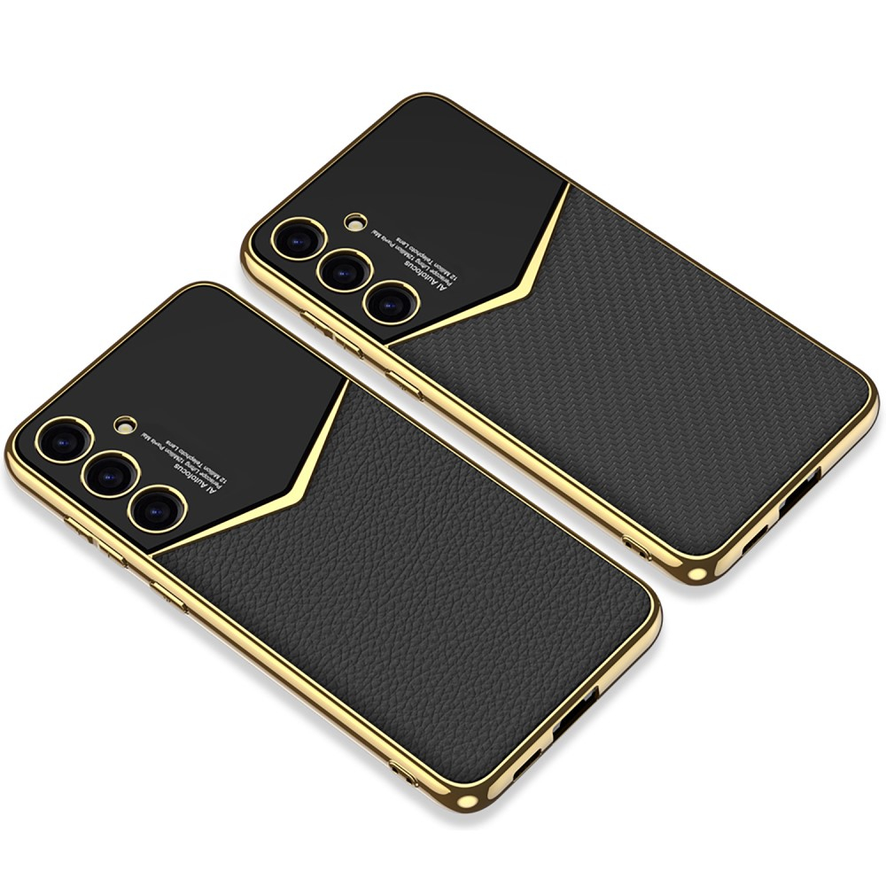 Samsung Galaxy S24 Leder Hardcase Hülle mit Galvanisiertem Rahmen   Kameraschutz - Gold / Carbon