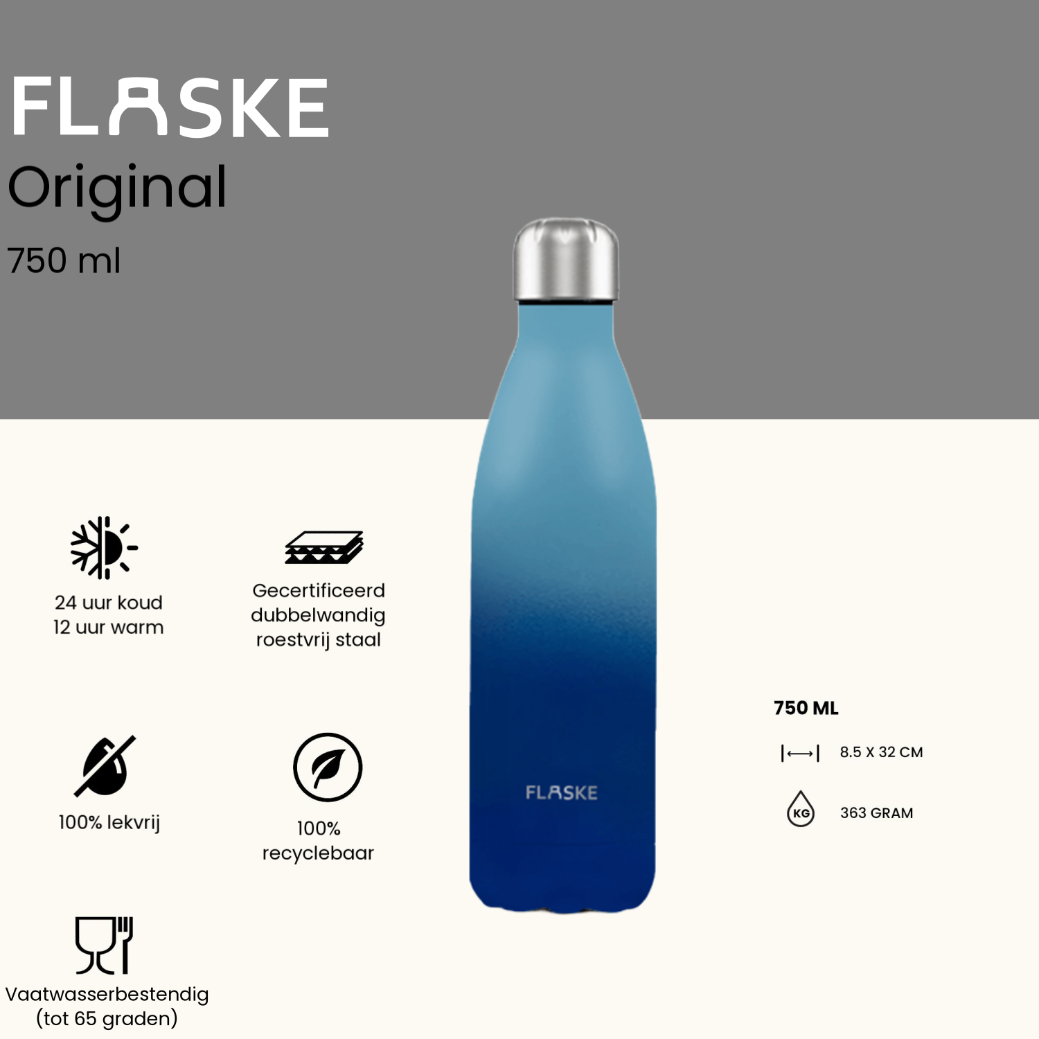 Flaske 750 ml  rvs drinkfles - gradient skye