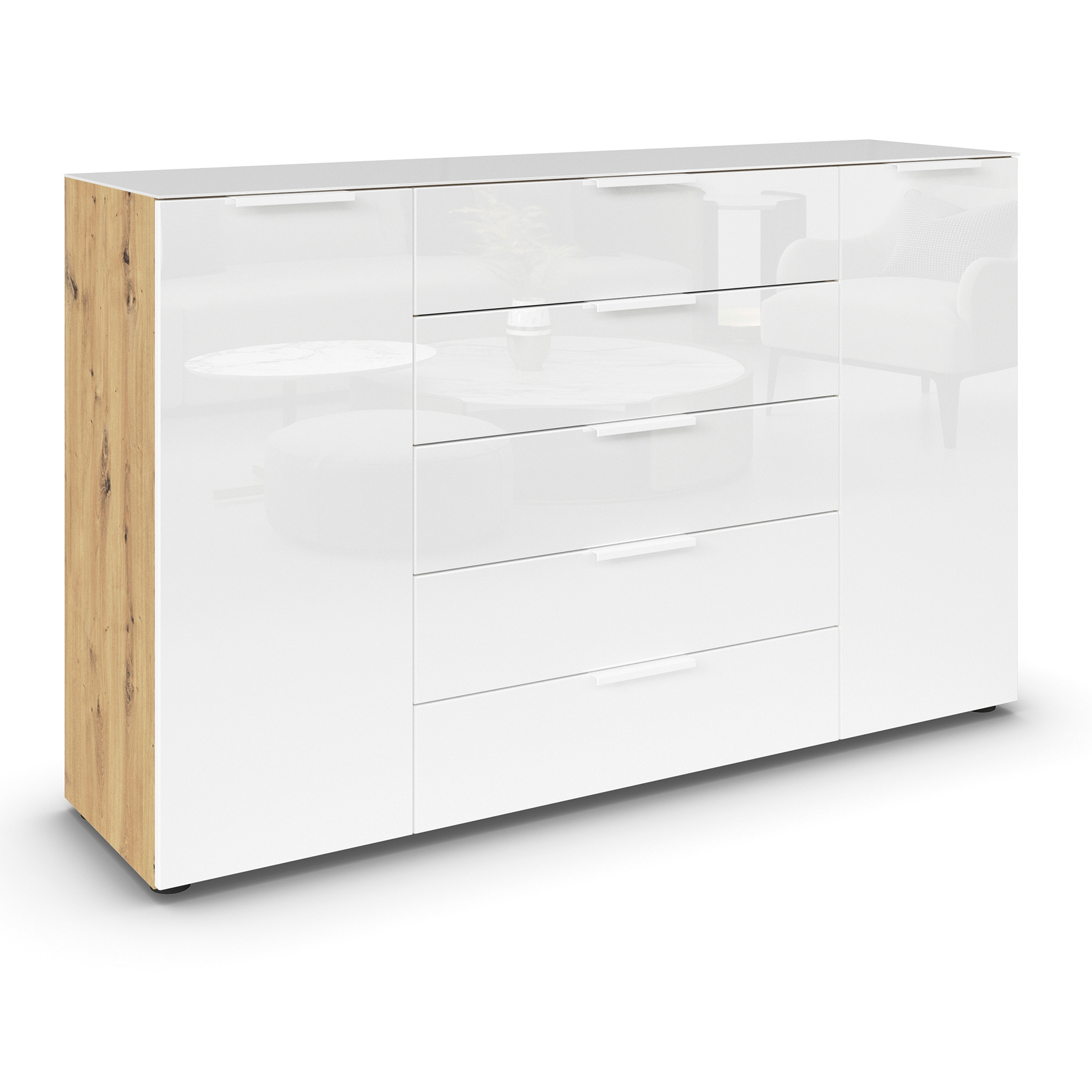 Kommode - Artisan Eiche-Kristallweißglas - weiße Griffe - 160 cm