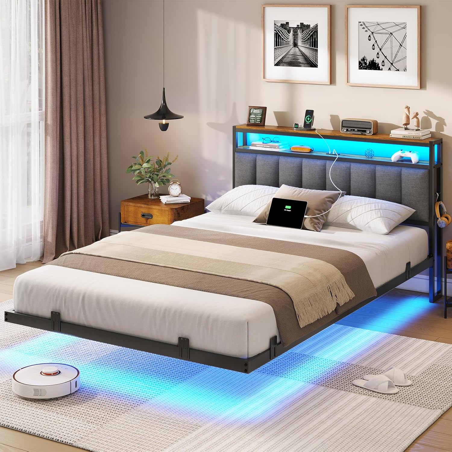 AOGLLATI Polsterbett 140x200 CM mit Ladestation & LED-Beleuchtung,Doppelbettgestell mit Stauraum Kopfteil & Lattenrost, Schwebender visueller Effekt,Modern Bettgestell Leinen, Ohne Matratze,Dunkelgrau QX2538156