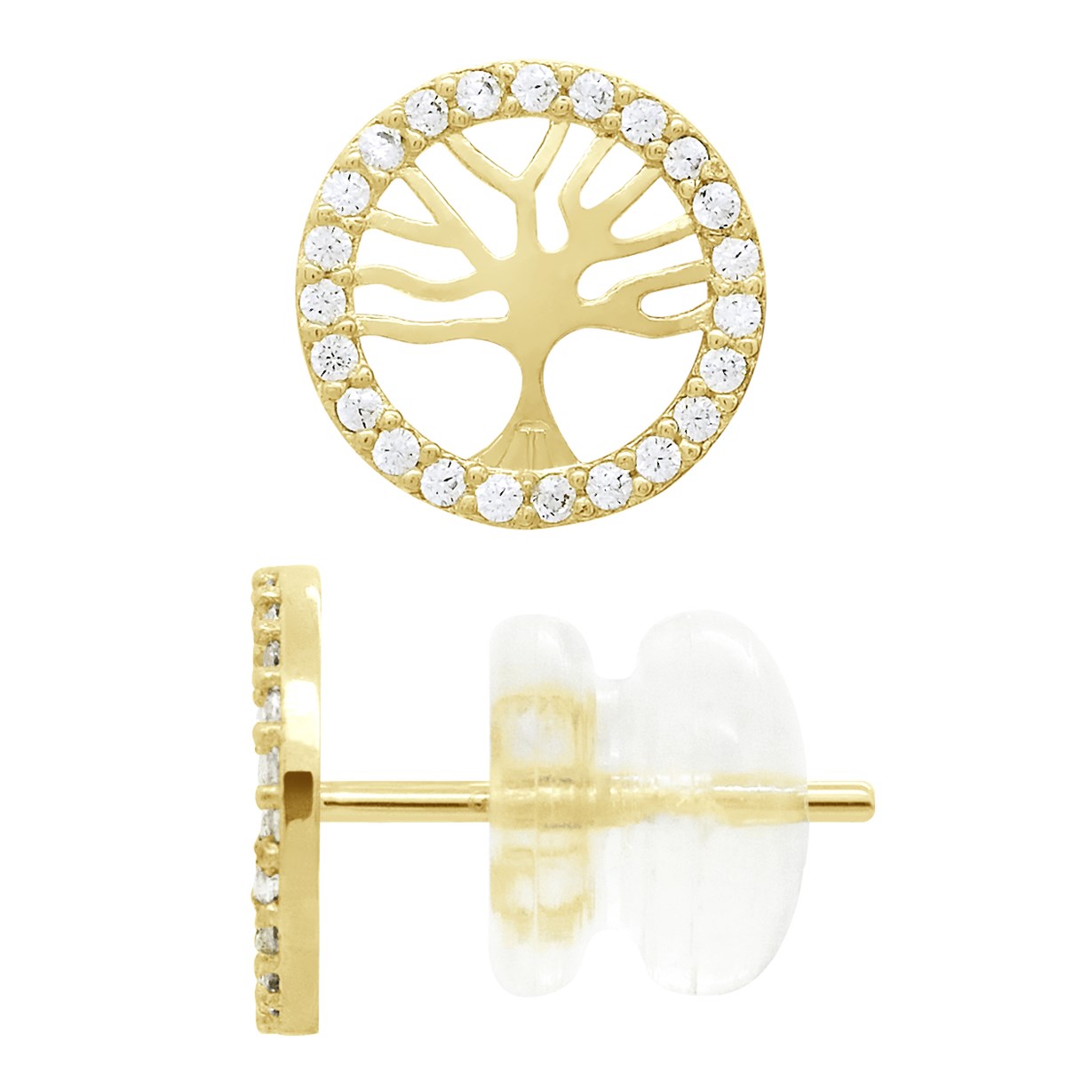Boucles d'Oreilles Fantaisie - Arbre de Vie - Orné d'Oxydes de Zirconiums - Or Jaune