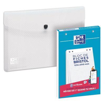Oxford - Pack de 30 fiches Bristol - A5 - petits carreaux - perforées - blanc + une chemise A5