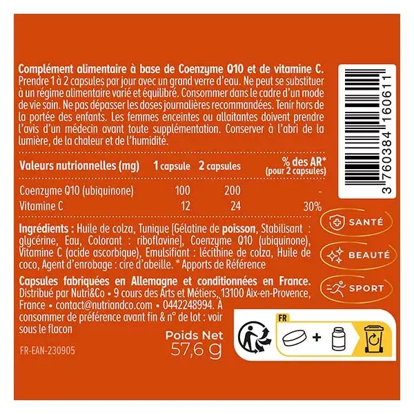 Nutri&Co Coenzima Q10 Ubiquinona 100mg Antienvelhecimento e Antioxidante 120 cápsulas