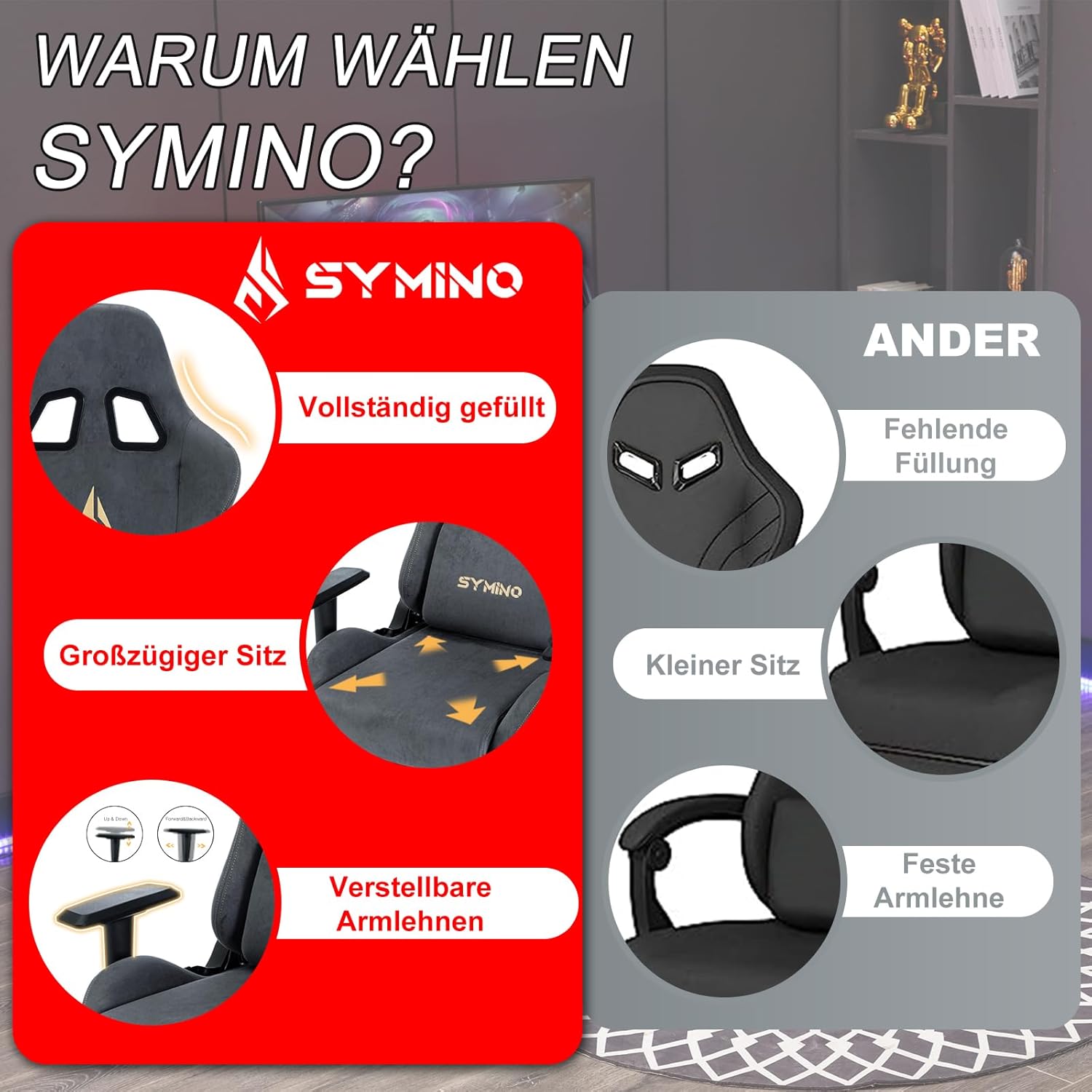 Symino Gaming Stuhl, Atmungsaktiver Bürostuhl aus Hochwertigem Stoff, So Weich Wie Pelz, Ergonomischer PC-Stuhl, Verstellbarer und Drehbarer Schreibtischstuhl mit Fußstütze, Grau