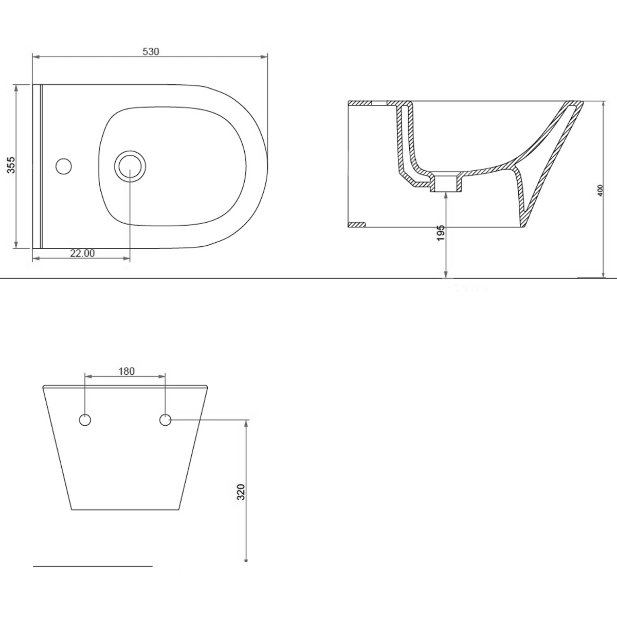 Sapho Avva wandbidet met overloop en kraangat  35.5x53cm zwart mat