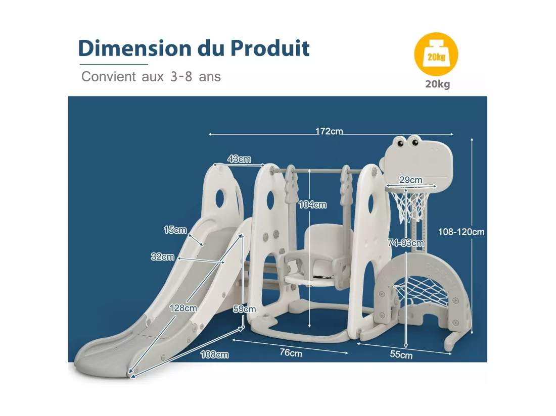 Ensemble Toboggan Balançoire 6 en 1 HDPE Basket-ball Football Escalade Golf pour Enfants 18 Mois+Gris+Blanc