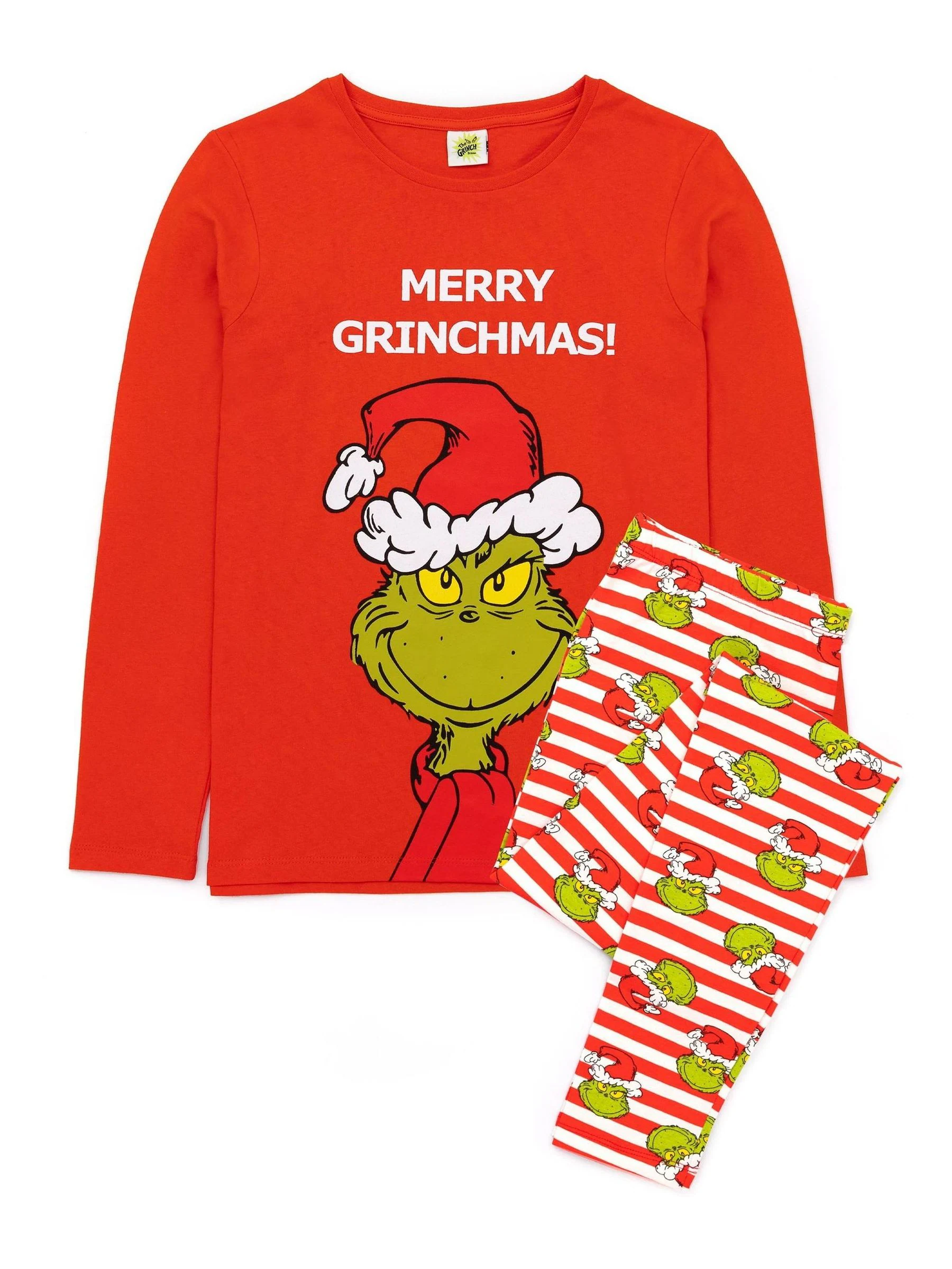 Rood met Grinch - Vanilla Underground 100% katoenen The Grinch Unisex pyjama met lange mouwen, lange pijpen en Merry Grinchmas-kerstslogan