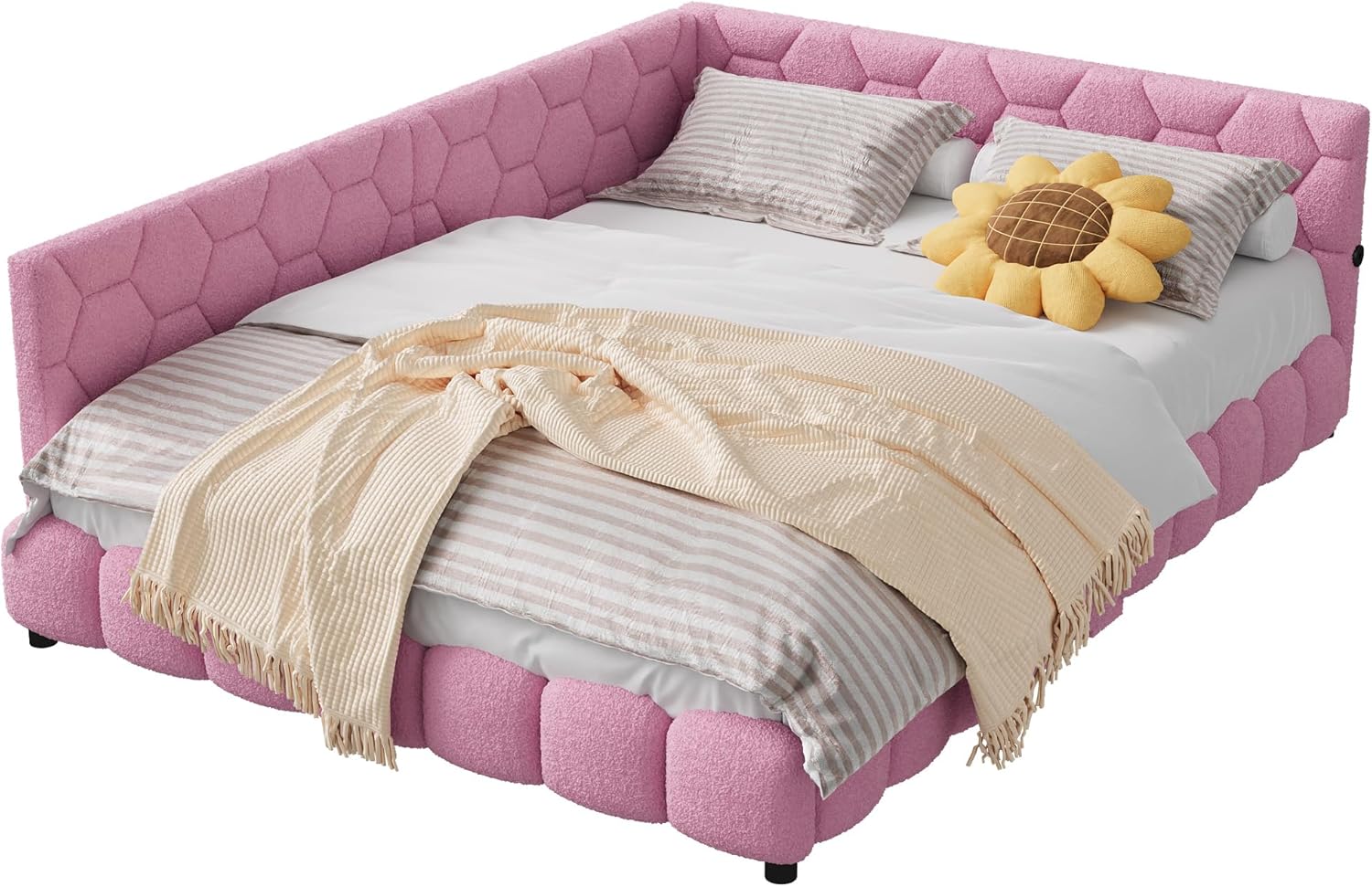 Polsterbett Schlafsofa 140x200cm, mit Umgebungslicht und USB-Anschluss, Kinderbett mit Lattenrost, Funktionsbett, Jugendbett,Lammwollmaterial, Rosa