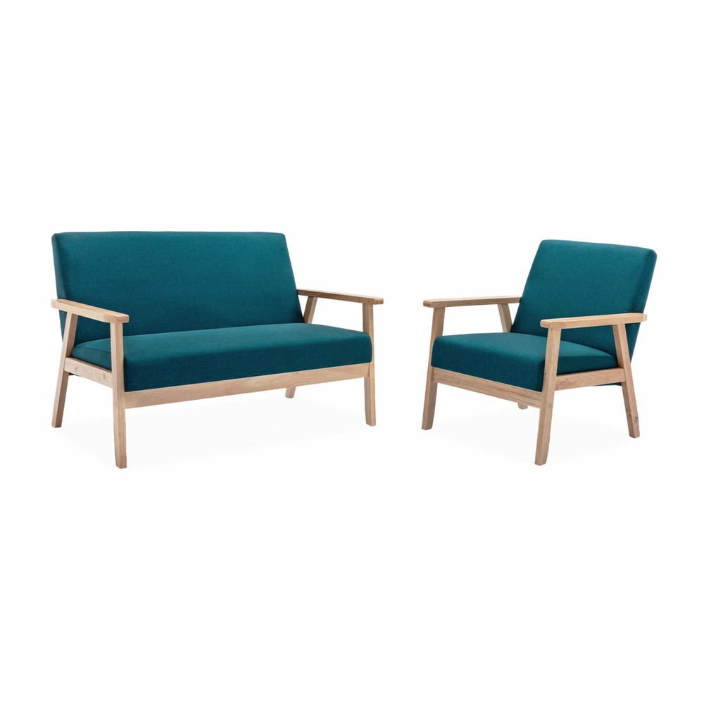 Fauteuil scandinave en bois et tissu bleu pétrole. Isak. L 64 x p 69.5 x h 73cm