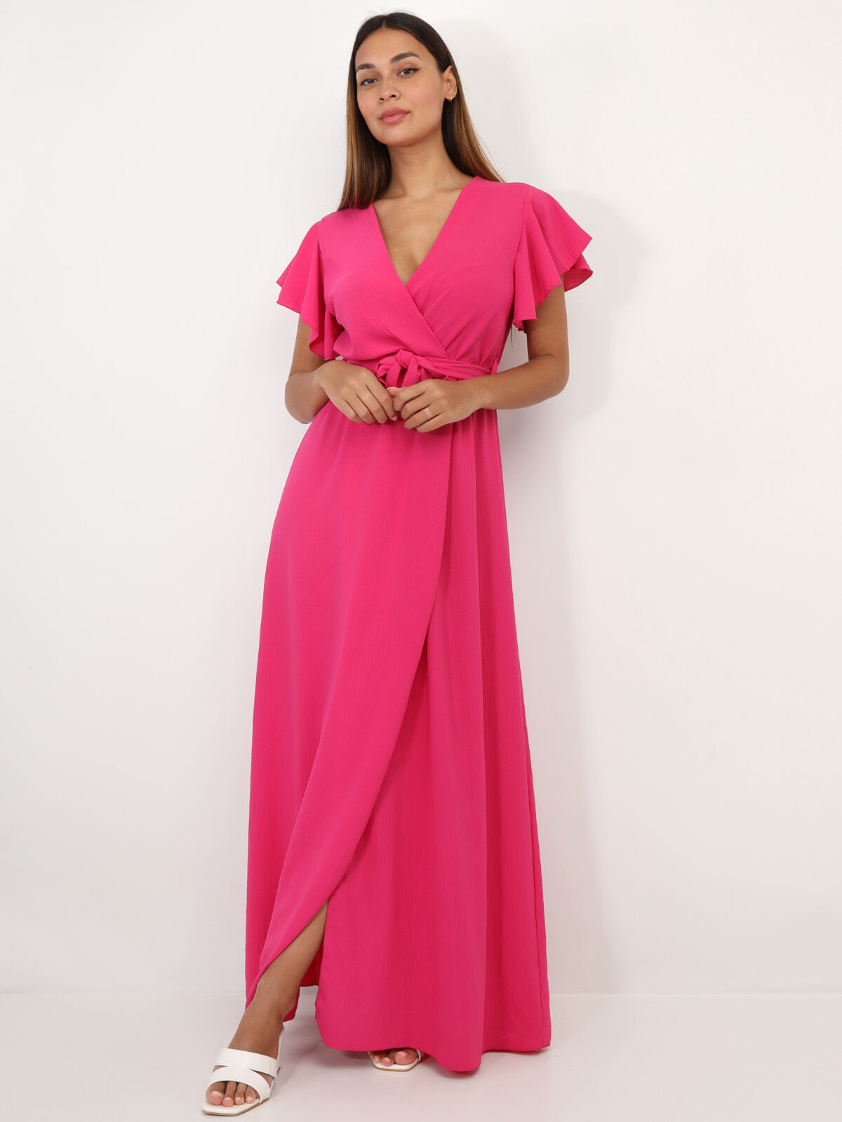Robe longue fendue à col cache coeur- Fuchsia