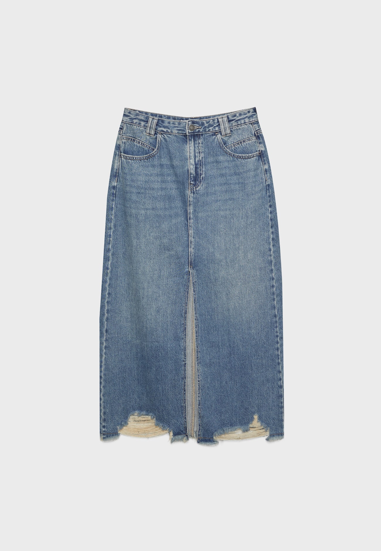 Saia jeans longa com costura frontal