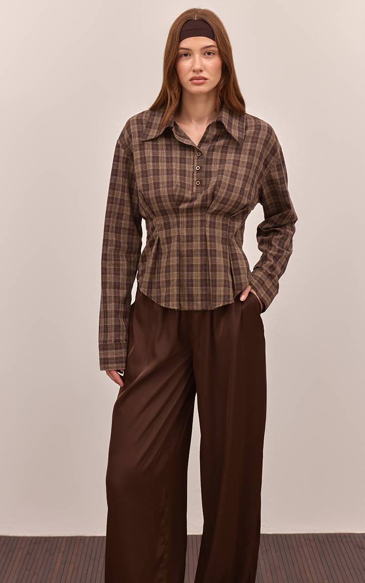 Marron Chemise À Carreaux Plissée Avec Taille Cintrée