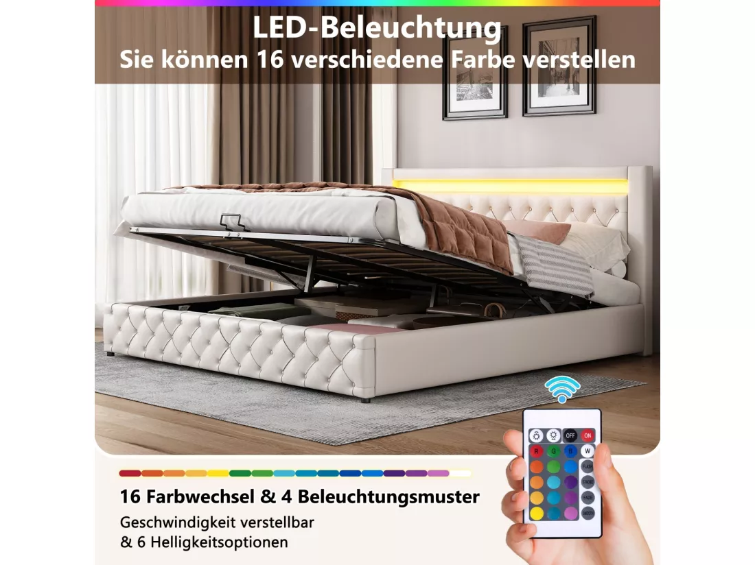 Lit coffer avec LED 180x200cm, Tissu PU, avec cadre à 12 lattes, charge max 220kg, Blanc
