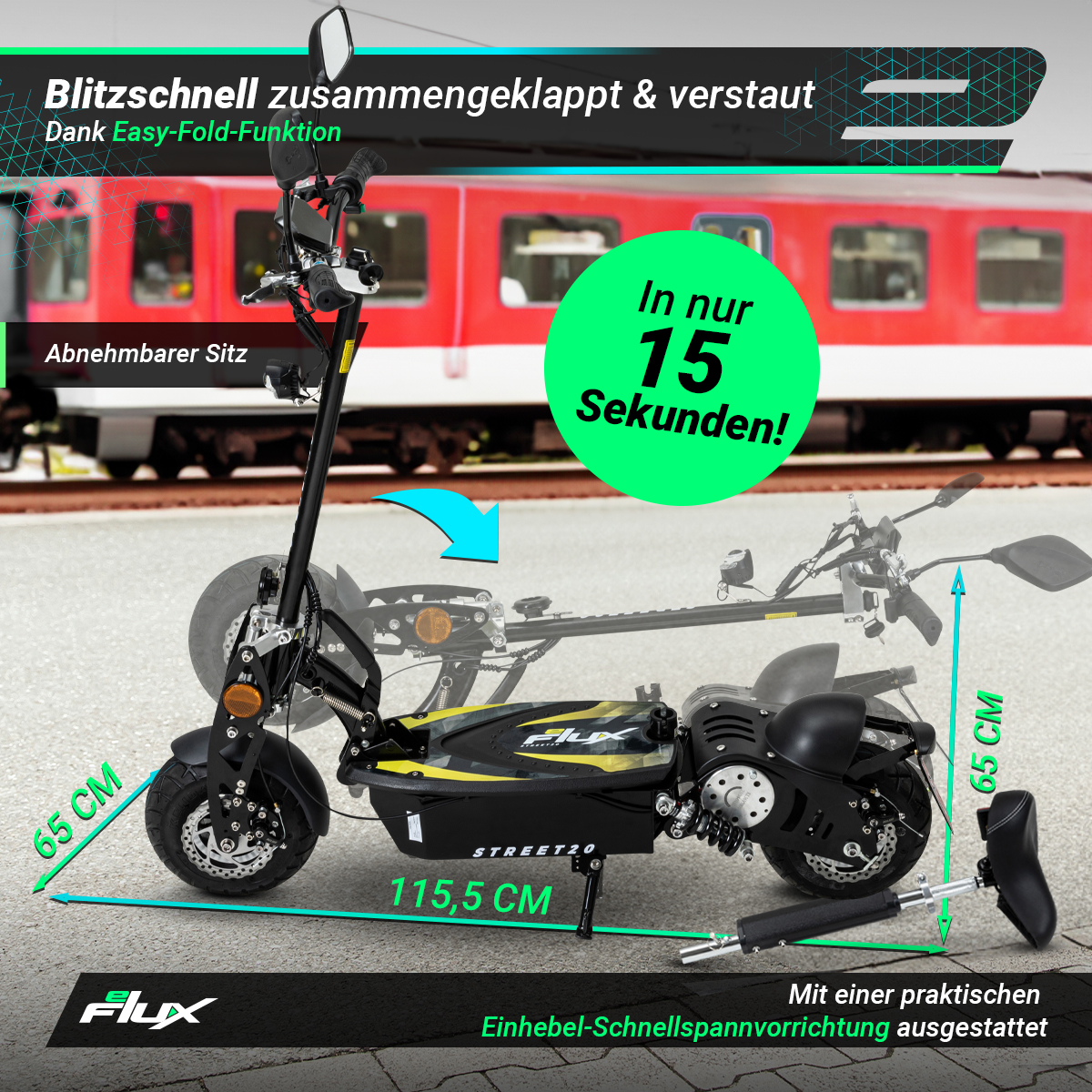 eFlux Street 20 E-Scooter mit Straßenzulassung, 20 km/h, 500 Watt, Elektroroller mit Sitz, klappbar (Schwarz)