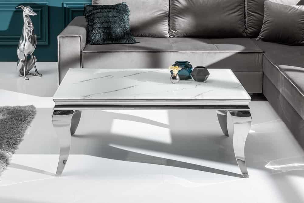 Eleganter Couchtisch MODERN BAROCK 100cm Glasplatte in Marmoroptik Edelstahlbeine
