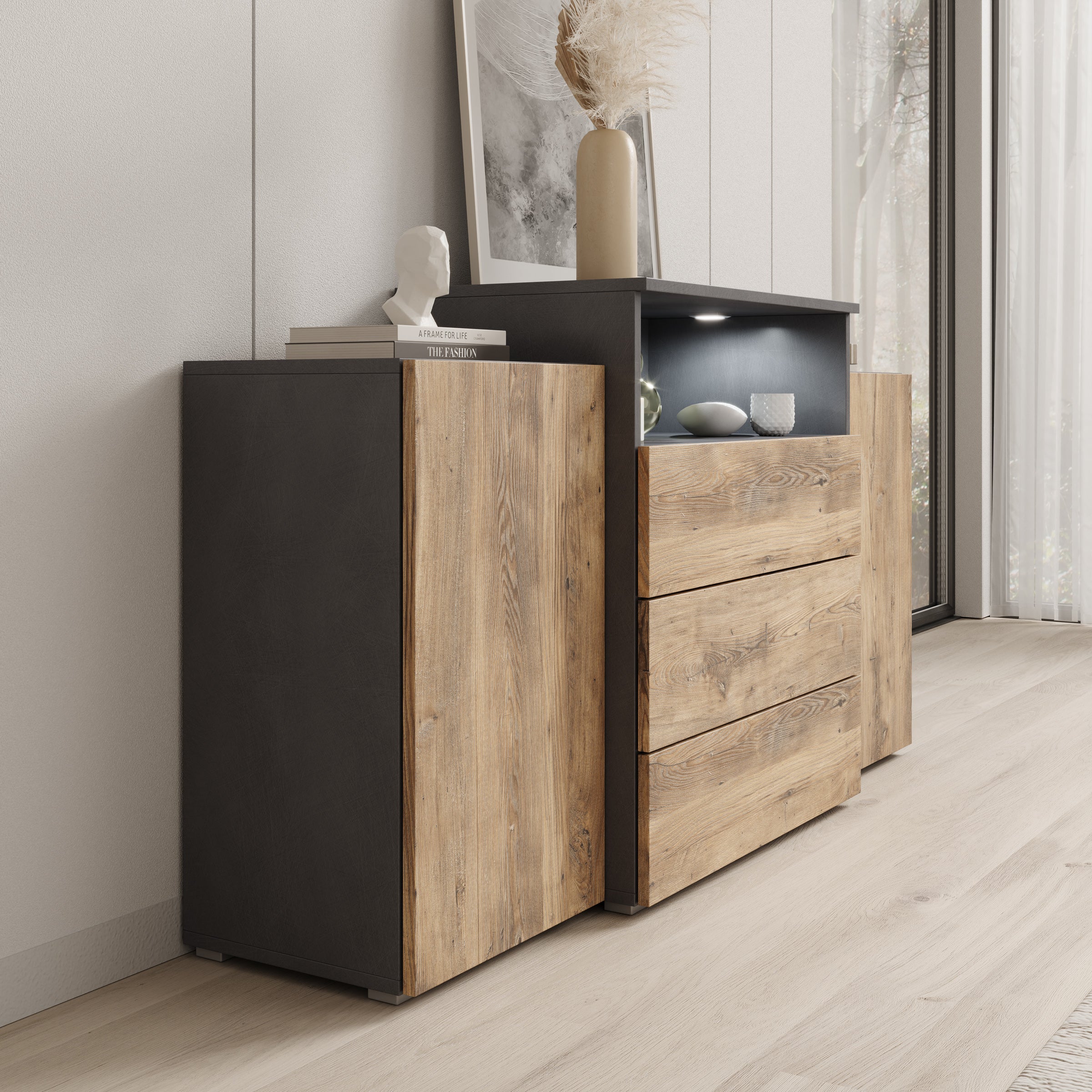Universal - Dressoir met LED - Eikenpatroon/Grijs - 150x39x81 cm