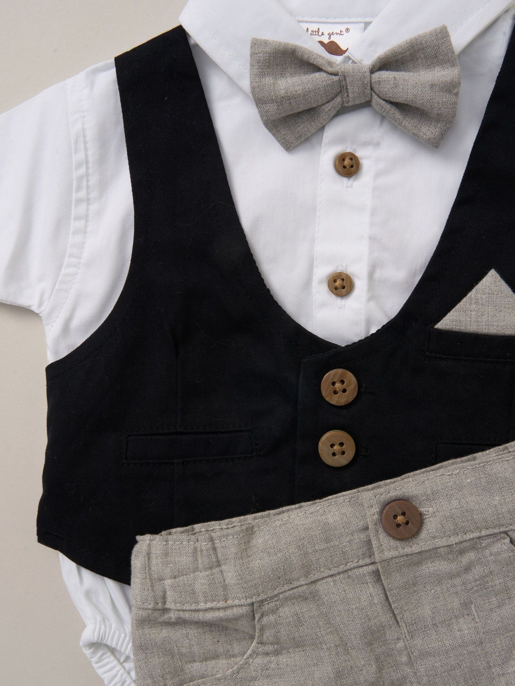 Zwart - Little Gent 100% Cotton Bodysuit Shirt with Mock Waistcoat Shorts and Bowtie Outfit Set