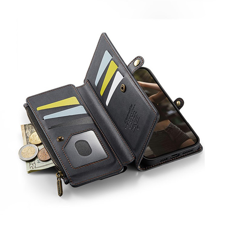 iPhone 13 Pro Necklace Leder Tasche Flip Wallet Etui mit Kartenfächern (RFID Schutz) - Schwarz