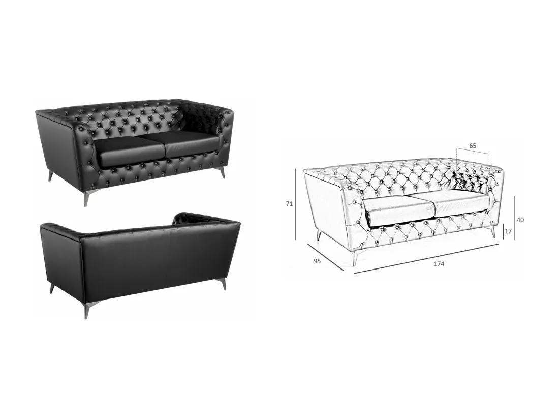 Canapé 2 places cuir capitonné noir Kaplan