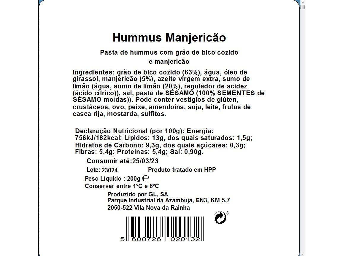 HUMMUS MANJERICÃO SONATURAL 200G