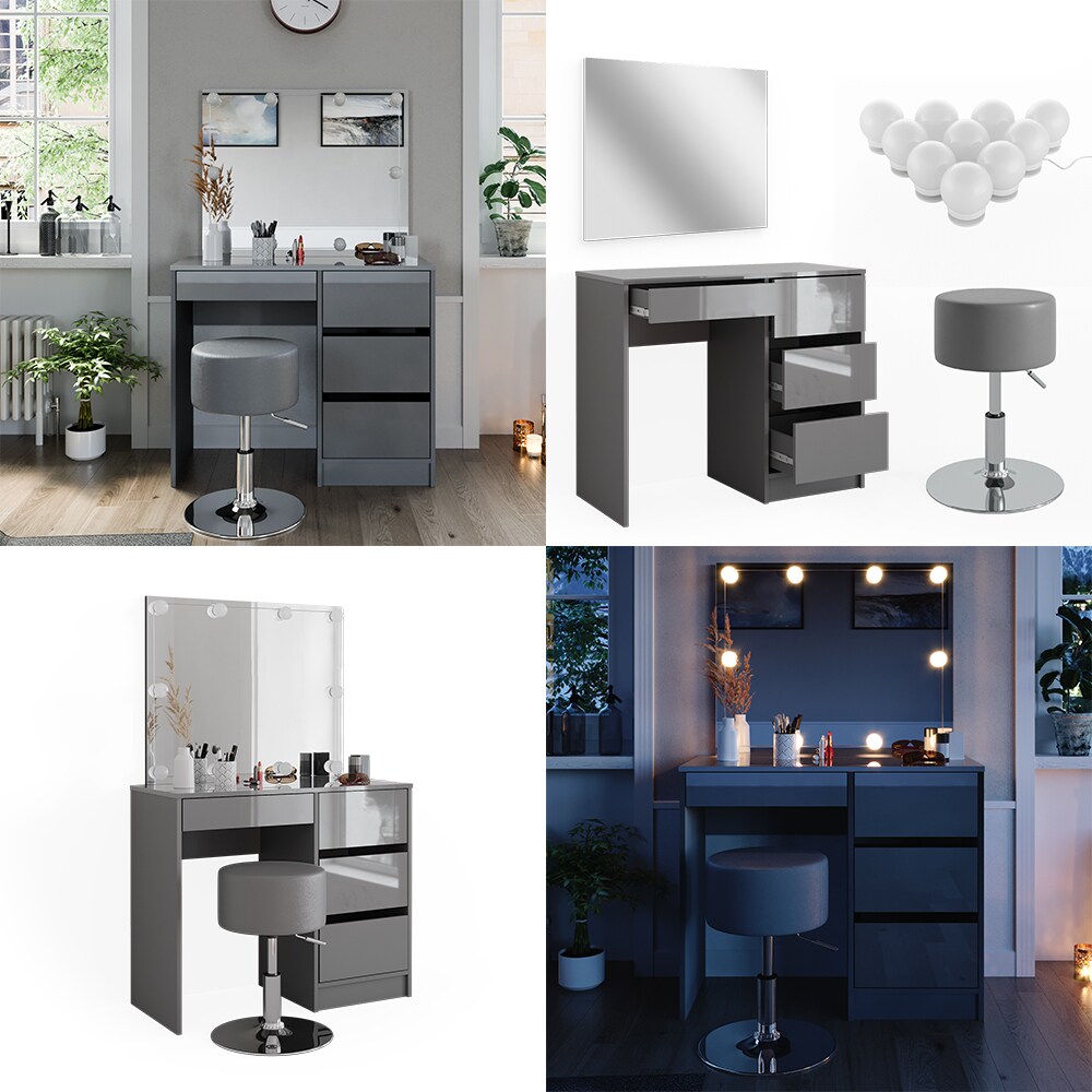 Vicco Schminktisch Sherry Grau Hochglanz, 90 x 75 cm, Spiegel, LED & Hocker