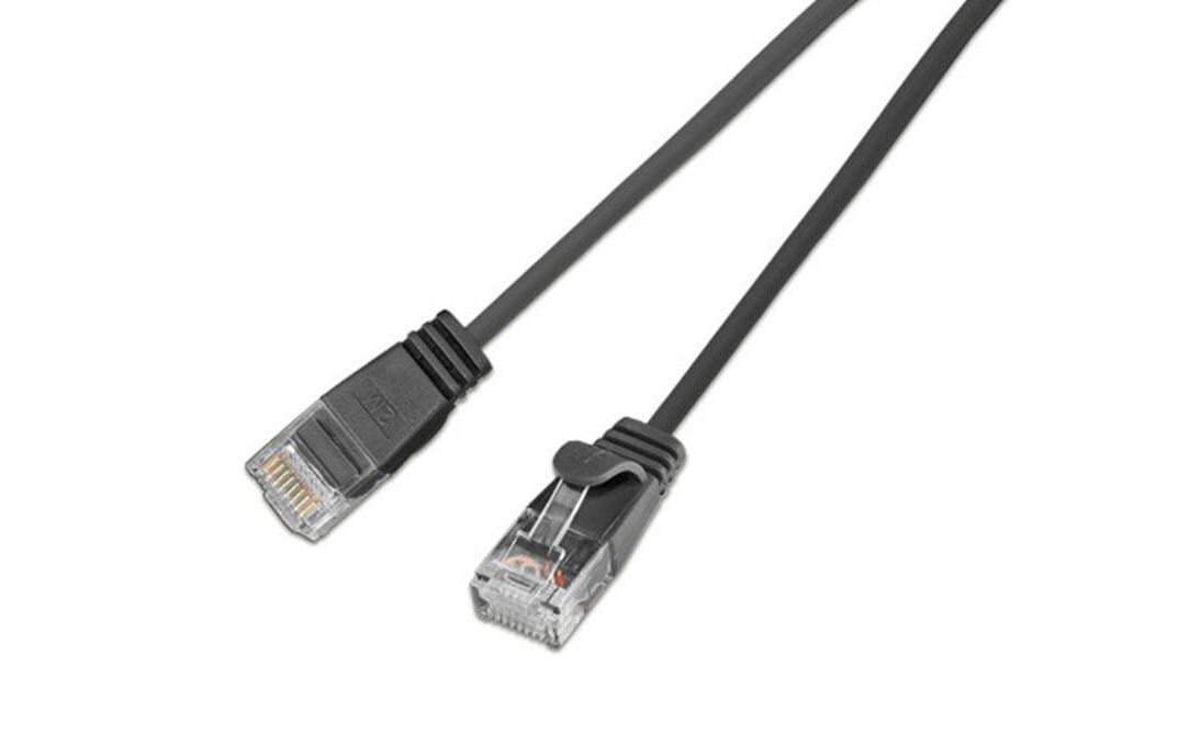 Slimpatchkabel RJ-45 - RJ-45, Cat 6, UTP, 1 m, SchwarzLightpatchkabel rund, ungeschirmtes Twisted-Pair-Kabel (U/UTP) mit Klinkenschutz