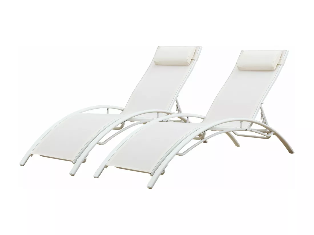 Lot de 2 transats GALAPAGOS en textilène blanc - aluminium blanc - HAPPY GARDEN