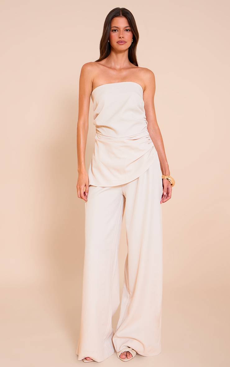 Crème Combinaison Pantalon Large En Tissu Tissé Froncé