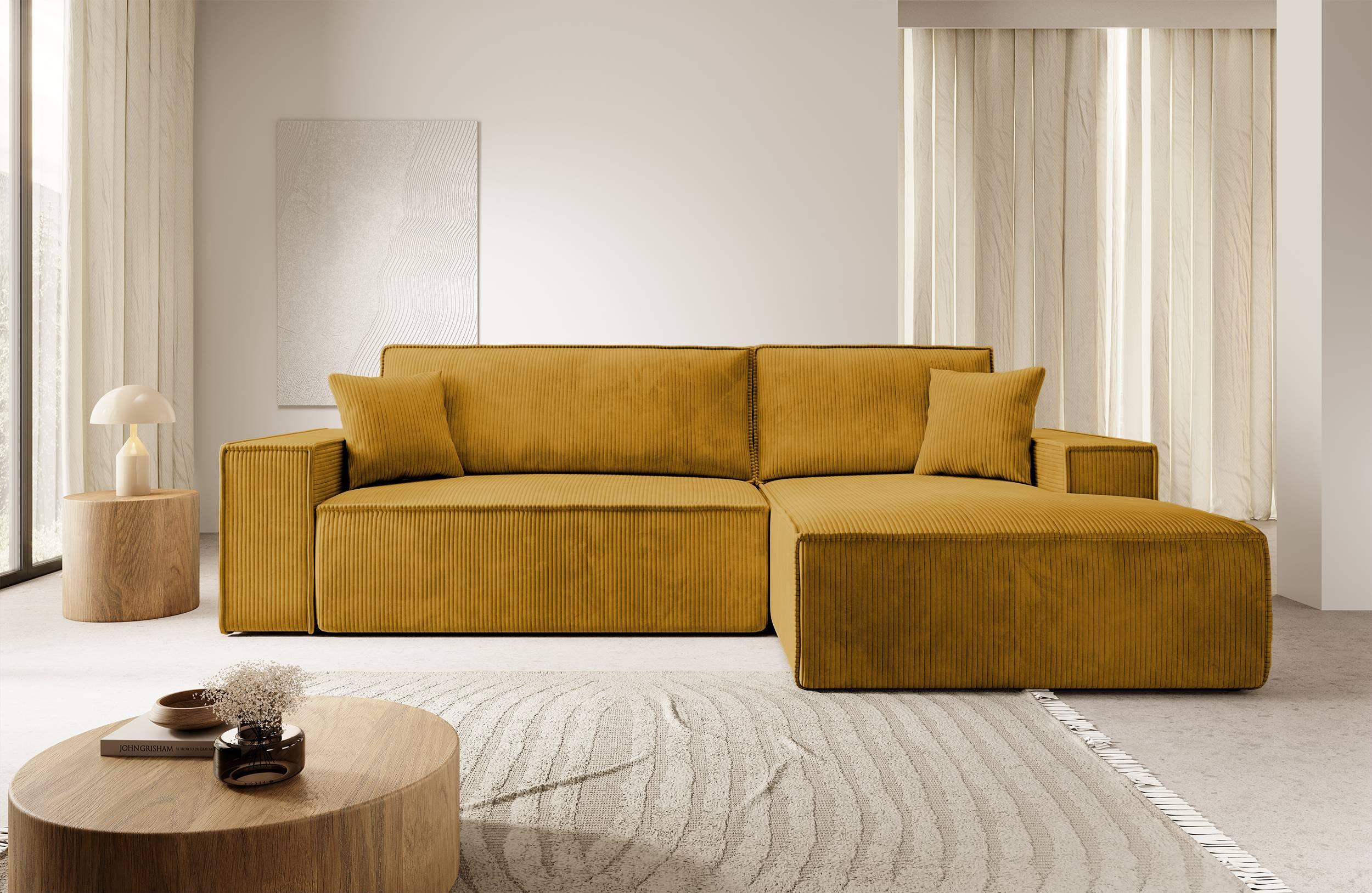 NADUVI Collection Galine Hoekbank met Chaise Longue Rechts met Slaapfunctie - Ribstof - Mosterdgeel