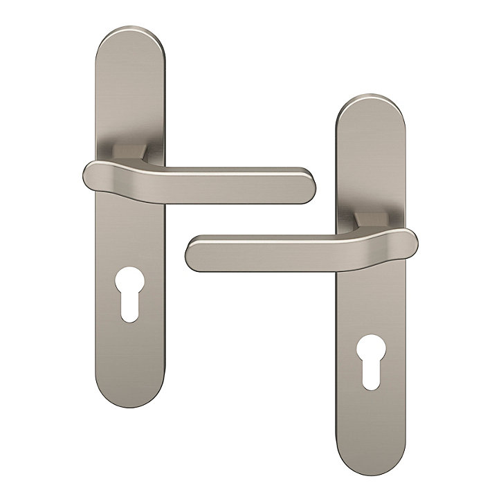 Ensemble poignée sur plaque rondcylindre GoodHome Prat effet nickel satin gris L.129mm x l.42mm entraxe 165-195mm