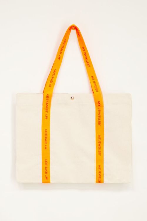 Beige canvas shopper met oranje hengsel