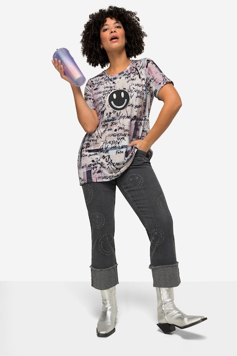T-Shirt, oversized, Scribble-Muster, Smiley, Rundhals, Halbarm