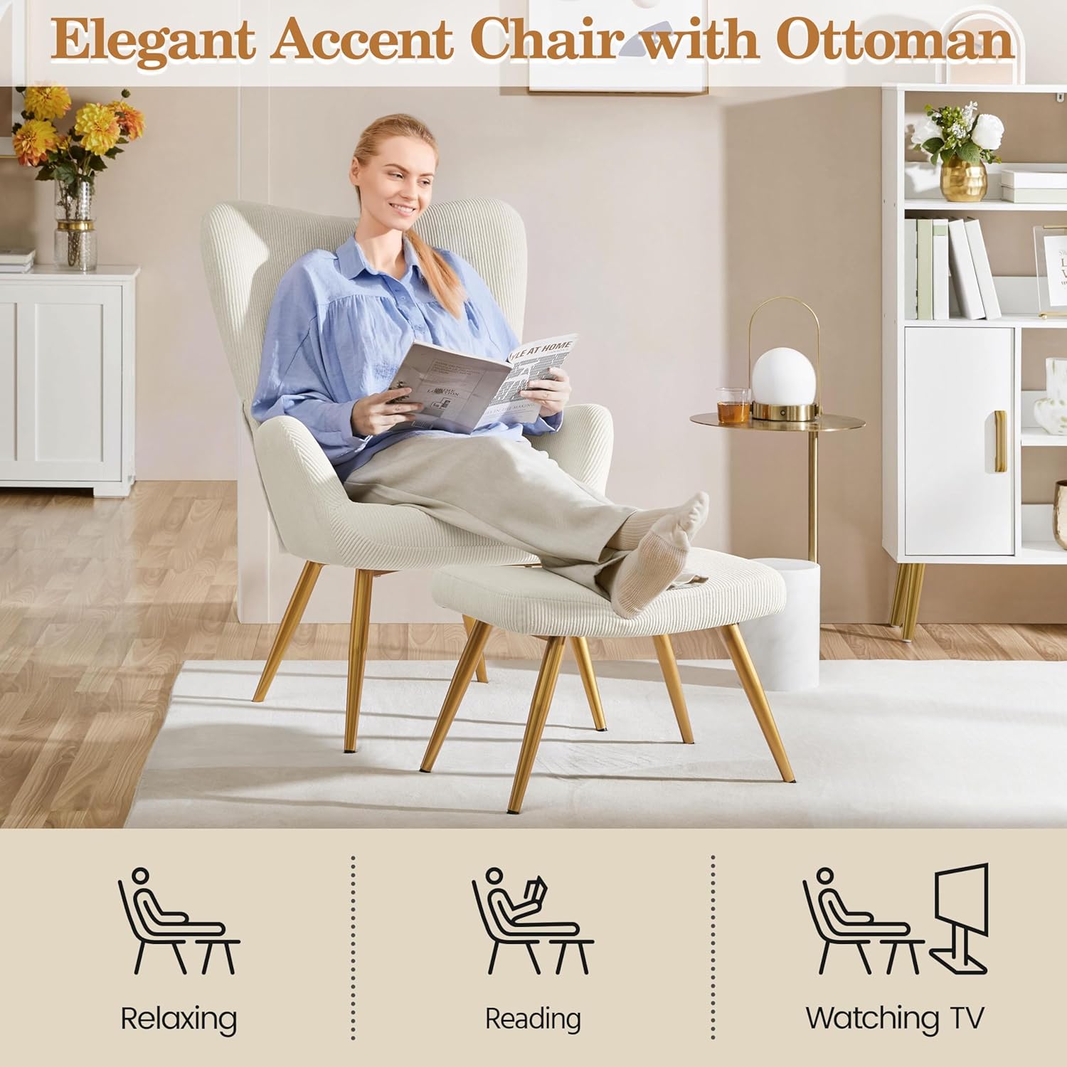 Yaheetech Ohrensessel mit Hocker aus Cordstoff Loungesessel mit Klappbarer Rückenlehne bis 136 kg belastbar Sessel fürs Wohnzimmer/Schlafzimmer Beige