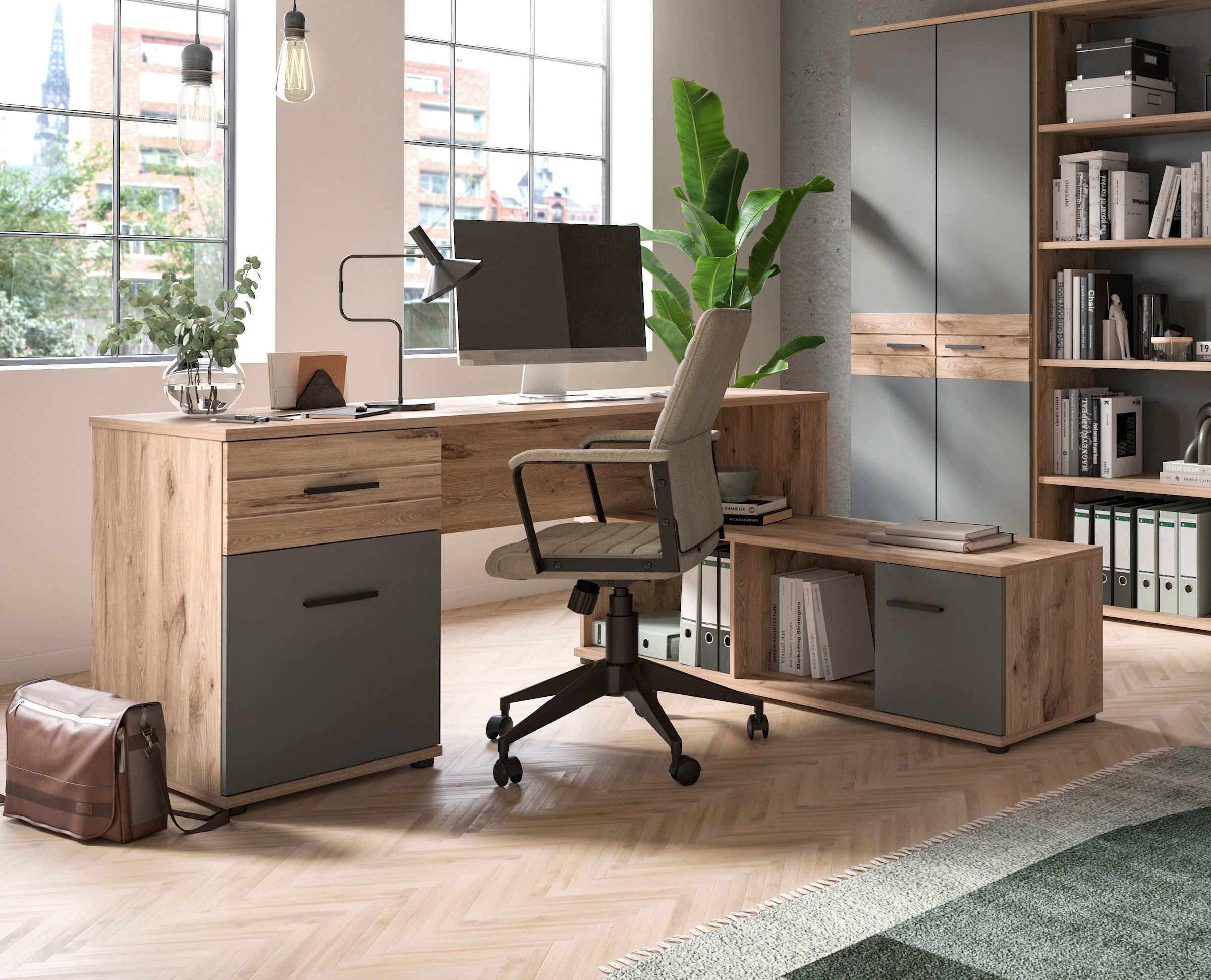 INOSIGN Eckschreibtisch »Riga, Breite 170cm, in Nox Oak Nachbildung und Basalt grau« Bürotisch, Schreibtisch, Ecktisch, Arbeitszimmer, Computertisch