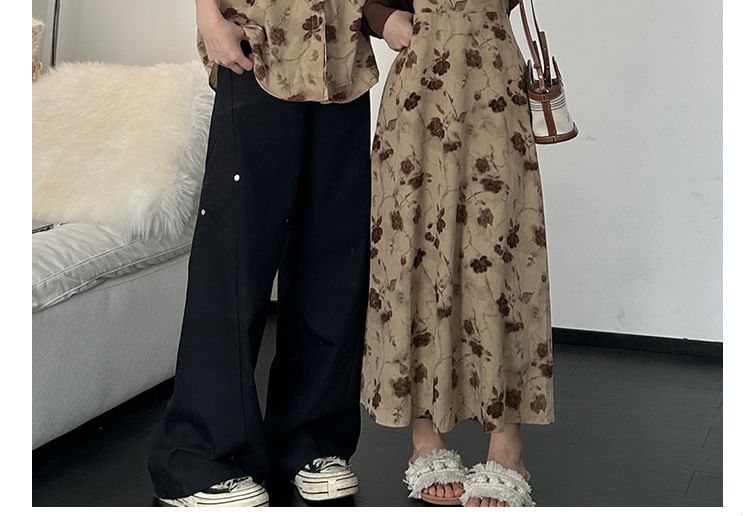 Azure - Koppel bijpassende spaghettibandjes bloemenprint maxi A-lijn jurk / effen bolero / shirt met korte mouwen en kraag