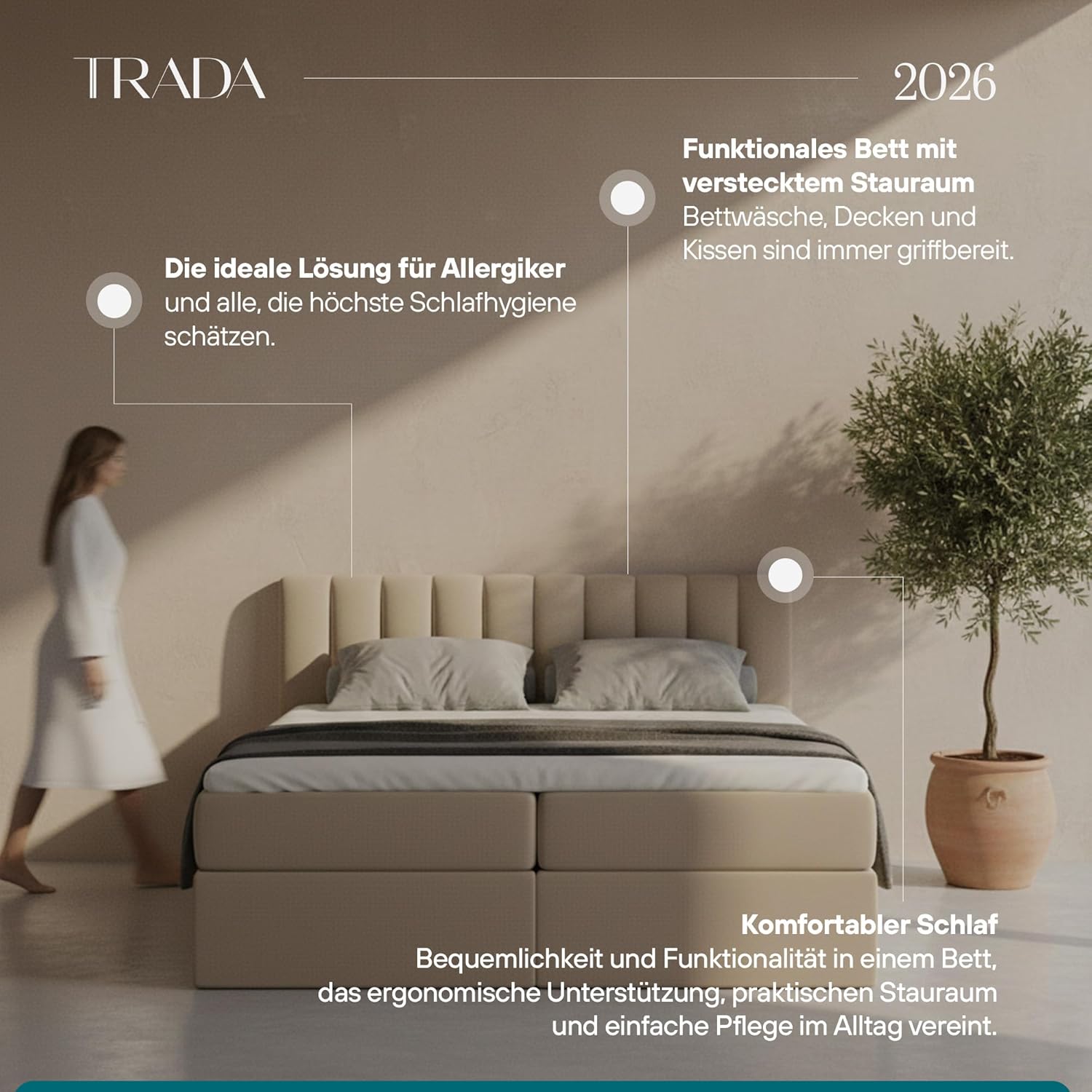 TRADA Boxspringbett mit Bettkästen und Bonell Matratze H3 - Elegant Bett Palermo mit Matratze und Topper - Grau - 200 x 200 cm