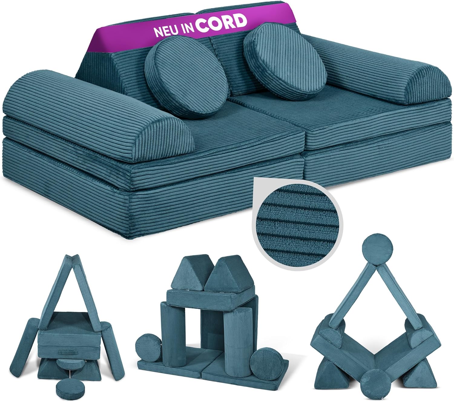 Linodino® Spielsofa Cord Fantasiewelt, Kindersofa-Bausteine - Stapelsteine für Kinder - Kindercouch, Sofa-Kuschelecke | Schaumstoff-Softbausteine | Oeko-TEX 100 Zertifiziert | Tannengrün
