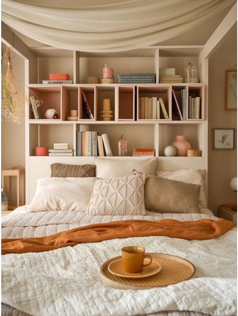 QMM Himmelbett Calgary 160x200 sandbeige Doppelbett Ehebett mit Regalen, aufklappbarem Lattenrost und Bettkasten, Schlafzimmer modernes Design