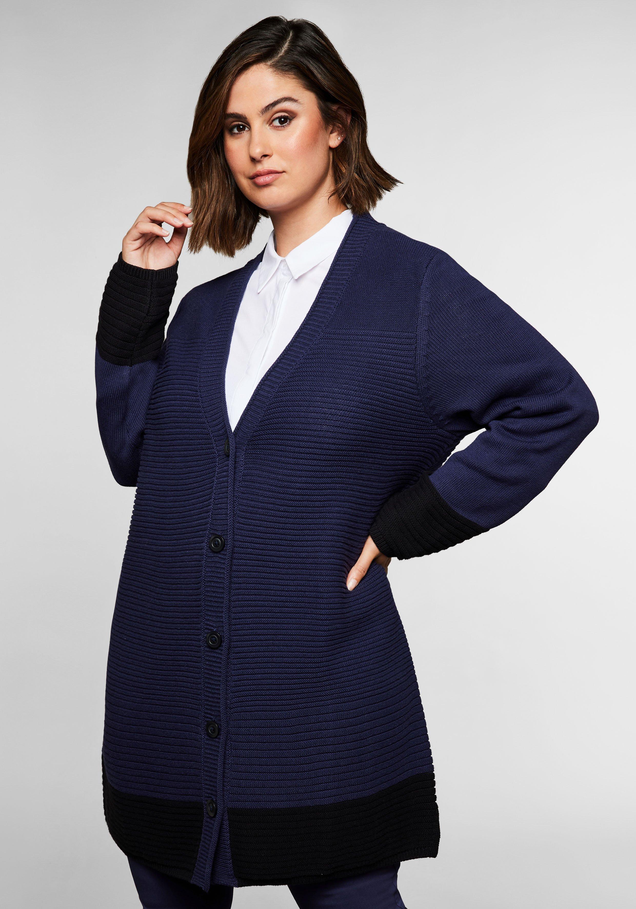 Longstrickjacke im Rippstrick, mit Blockstreifen