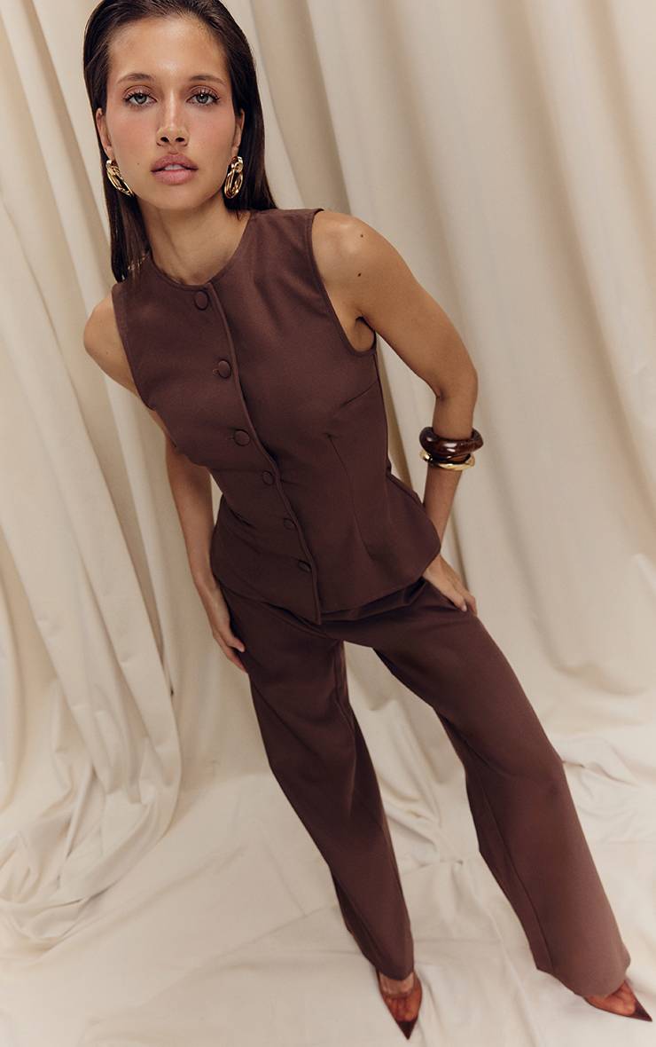Chocolate Brown Combinaison Pantalon Droit À Col Montant Style Gilet