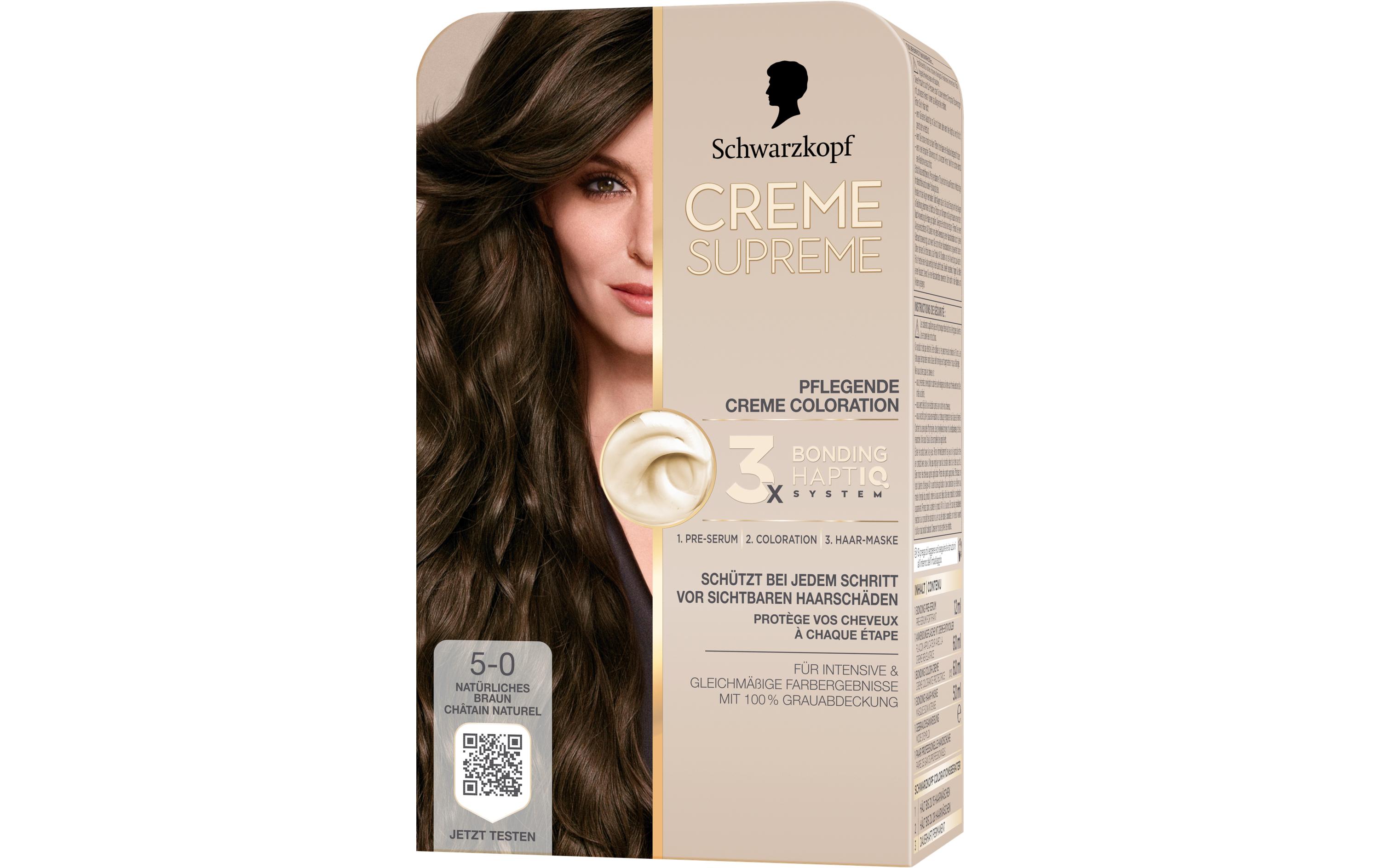 Haarcoloration Creme Supreme 5-0 Natürliches BraunColoration, schützt das Haar sichtbar vor Haarschäden