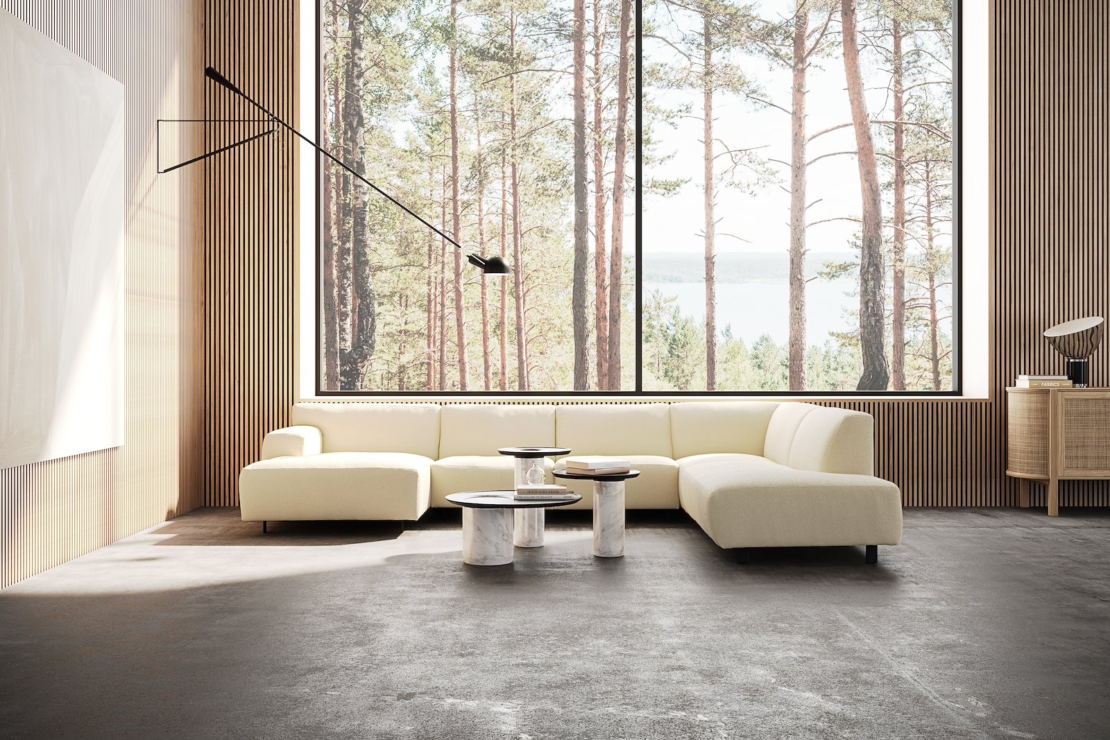 Vesta U-sofa Sjeselong venstre, 3-seter og åpen ende høyre. Big hjørnemodul, Tekstil Gianni Cream, sort metallben 10 cm, Comfort CM