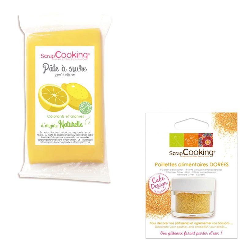 Pâte à sucre jaune 250 g arôme citron + paillettes dorées Scrapcooking