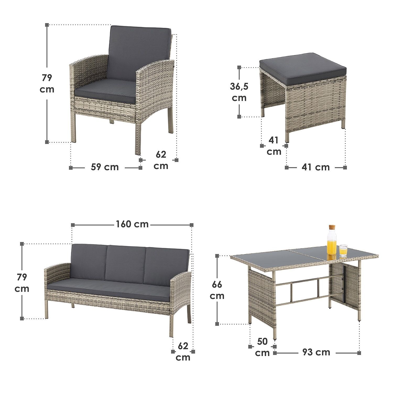 Juskys Polyrattan Gartenmöbel Sitzgruppe Turin Set 6 teilig - Outdoor Möbel mit Tisch – Lounge Grau